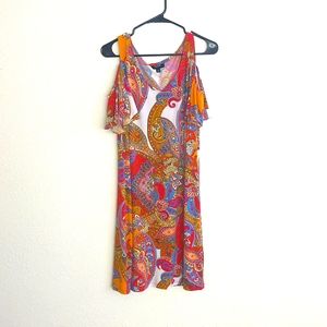 MSK open shoulder v neck a line dress bright summer colors paisley pattern